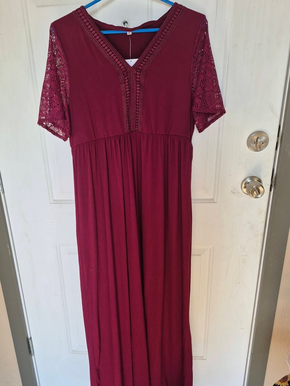 Crochet Trim V-Neck Maxi Dress in Wine Red